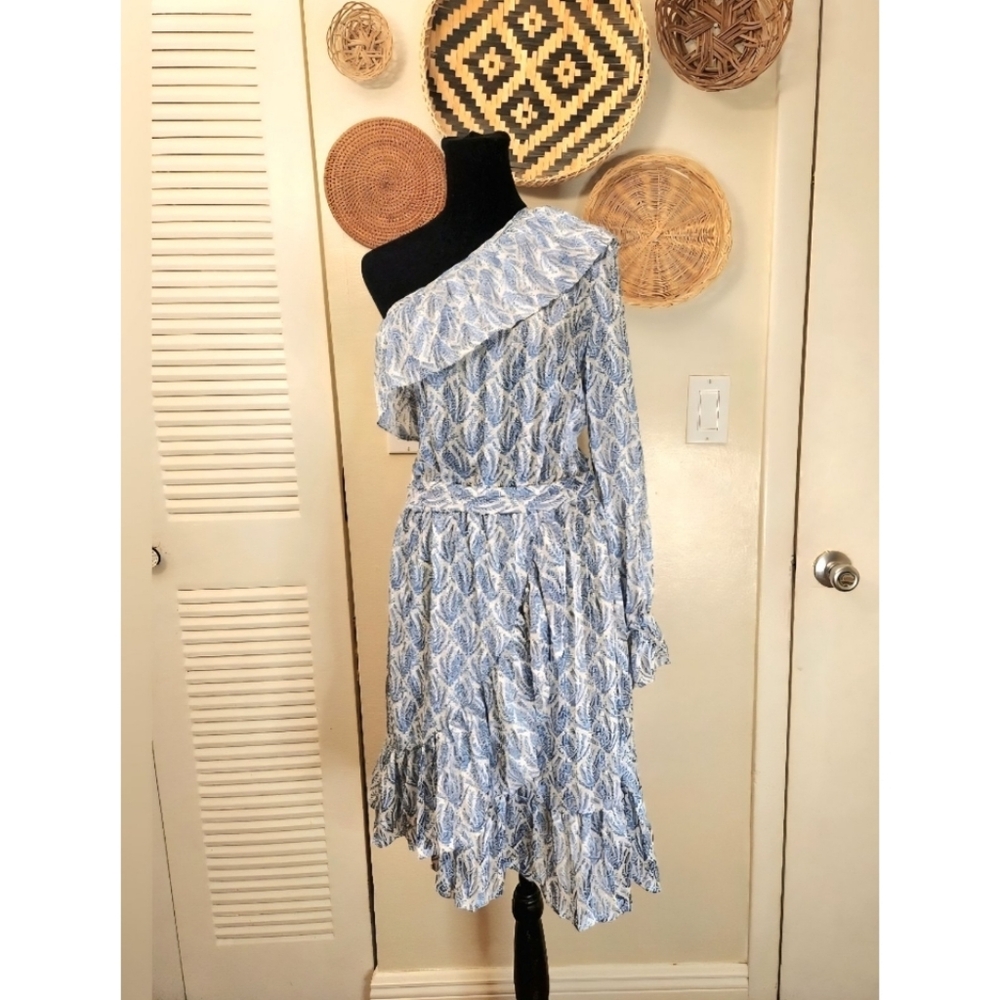 LAST ONE! White and Blue One Sleeve Ruffle Mini Dress With Wrap